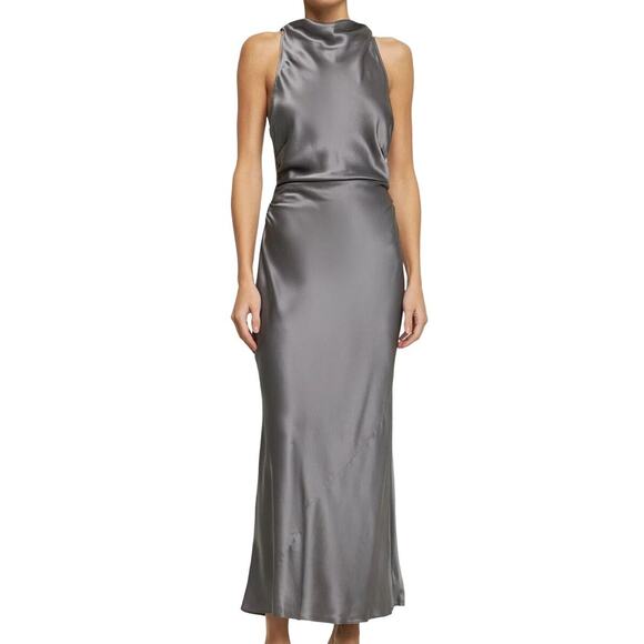 Reformation Casette Shale Gray Silk Dress 8 NEW Cowl Neck Satin Formal Midi - Picture 1 of 8